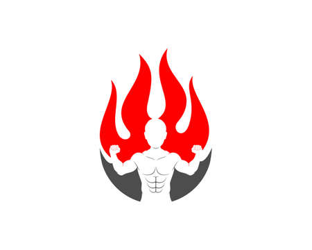 Man bodybuilder in the fire flame logoのイラスト素材