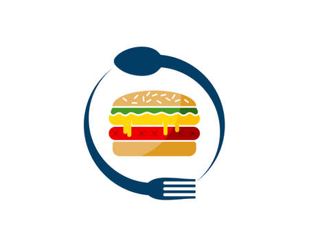 Circular fork and spoon with delicious burger insideのイラスト素材