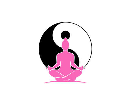 Woman meditation with yin and yang behindのイラスト素材