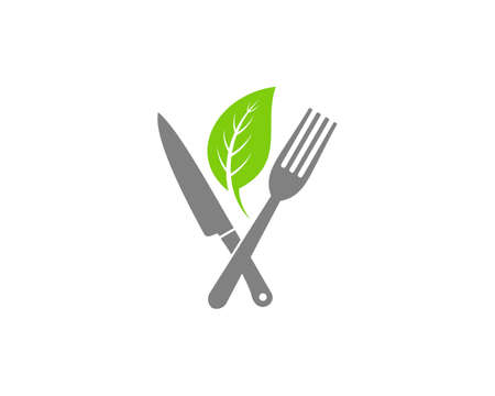 Fork and knife crossed with green leaf in the middleのイラスト素材