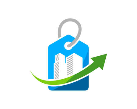 Shopping price tag with arrow up and city buildingのイラスト素材