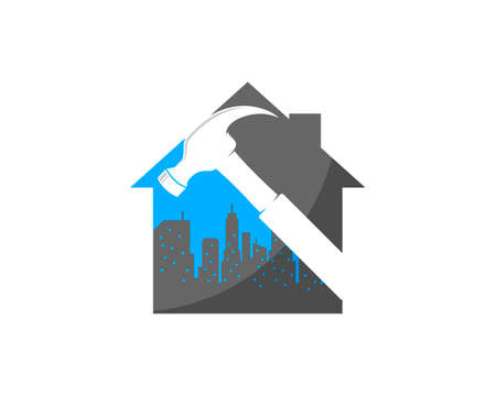 simple house with hammer and city silhouette insideのイラスト素材