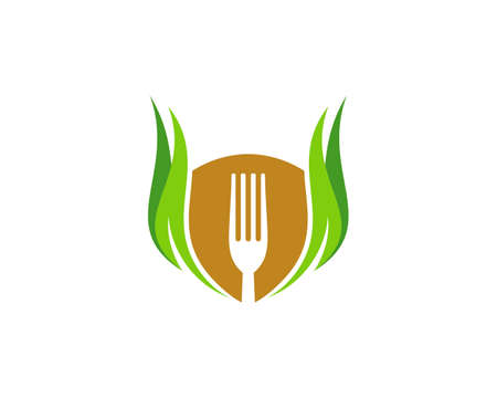Fork in the shield with nature leaf surroundingのイラスト素材