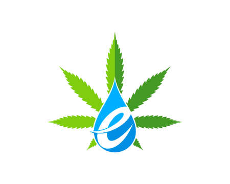 Green cannabis leaf with water drop and E letter initial insideのイラスト素材