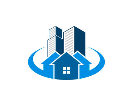 Three simple house and swoosh with building on the topのイラスト素材