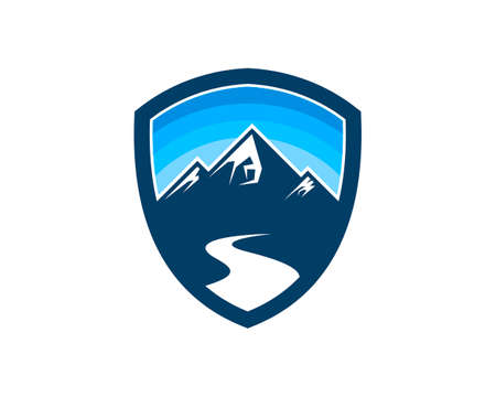 Shield with road to mountain and clear skyのイラスト素材