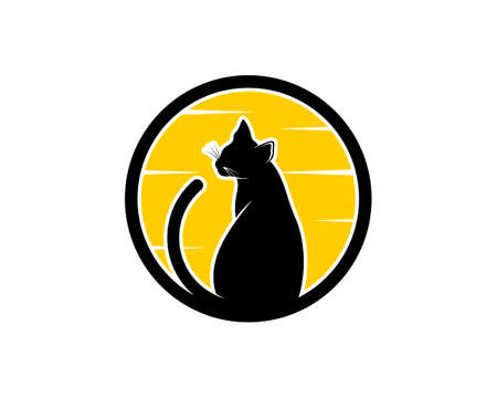 Circle shape with sunset and cat insideのイラスト素材