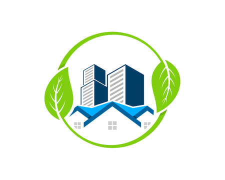 Circular leaf with real estate house and building behindのイラスト素材