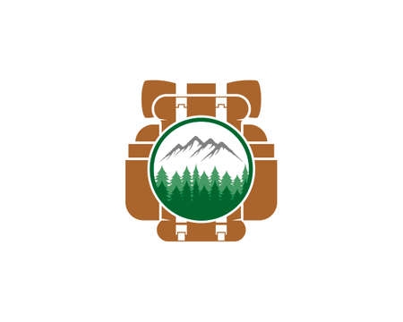 Hiking backpack with mountain forest in the middle