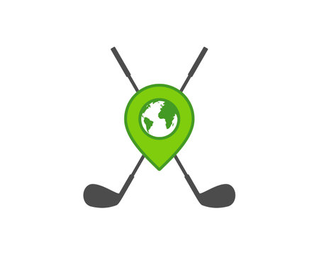 Golf stick crossed and point location with world map in the middleのイラスト素材