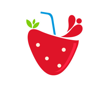 Strawberry juice with straw and leafのイラスト素材