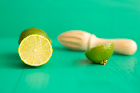 Lime with a wooden hand press on a textured turquoise background. There is a place for text