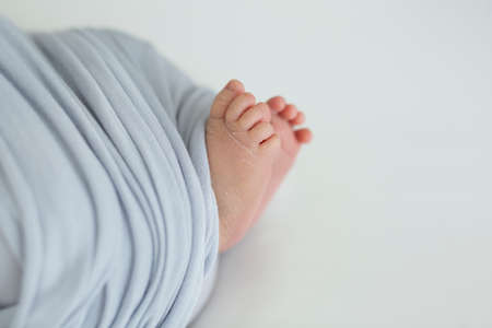 Newborn feet wrapped in a light purple blanket. Front view. Copy space.の写真素材
