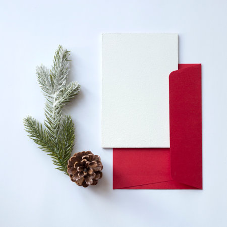 A red envelope with a blank white sheet of paper and New Years attributes - a pine cone, a twig of a Christmas tree. Concept of letter to santa or congratulations. View from above. Place for textの写真素材