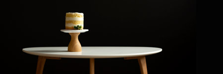 A tiny naked cake on a wooden stand with a brown base on a white table against a black background, banner. Near the cake is eucalyptus. Place for textの写真素材