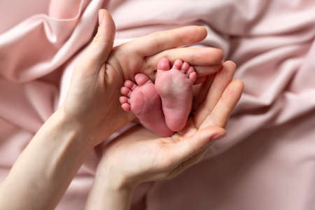 Tiny feet of a newborn baby in mothers hands on a pink fabric background with beautiful folds. Front...