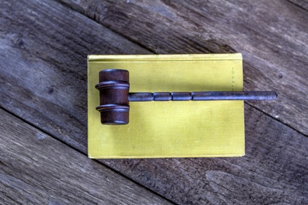 Law theme. Courtroom concept rustic table