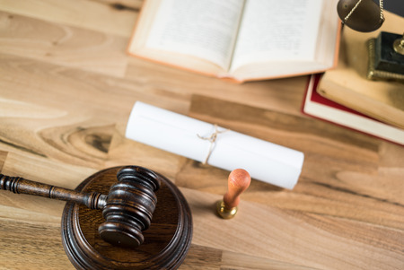 Law theme, mallet of judge, wooden gavel top viewの写真素材