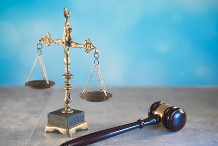 Law symbols. Lawyer theme. Judge wooden gavel.の写真素材