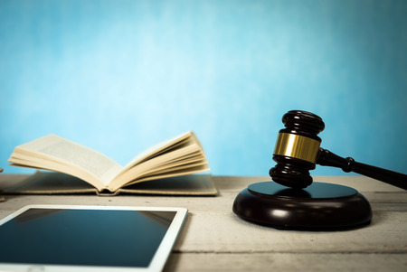 Law Concept. Judges Gavel And Scale Of Justice. wooden desk, booksの写真素材