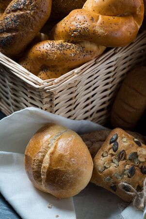 Fresh fragrant bread on the table. top view