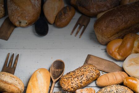 Background of fresh baked bread, close-upの写真素材
