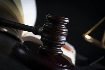 Legal system. Law and justice concept. Mallet, legal code and scales of justice.