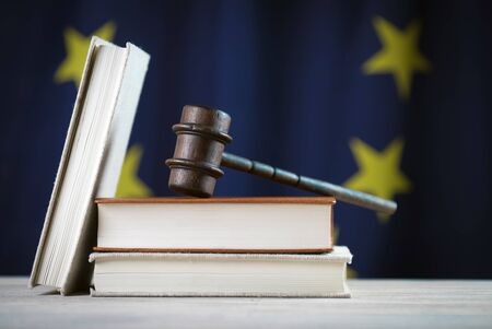 Wooden mallet of Judge on law books EU Flagの写真素材