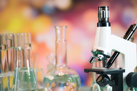 Science laboratory research and development concept. microscope with test tubesの写真素材