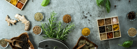 colorful fresh herbs and spices assortmentの写真素材