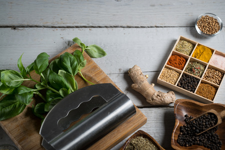 colorful fresh herbs and spices assortmentの写真素材