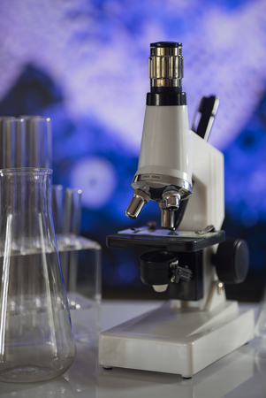Science laboratory research and development concept. microscope with test tubesの写真素材