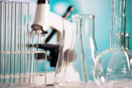 Science laboratory research and development concept. microscope with test tubesの写真素材