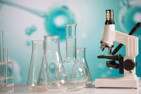 Science laboratory research and development concept. microscope with test tubesの写真素材
