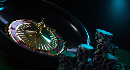 Casino background, poker Chips on gaming table, roulette wheel in motionの写真素材