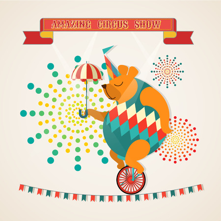 Bear holding umbrella riding one wheel bike on wire in the Amazing Circus Showのイラスト素材