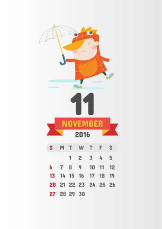 Calendar 2016 with 12 cute cartoon characters - 11 November page Vector template designのイラスト素材