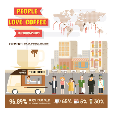 People love coffee infographics, Design character cartoon and elements of coffee lover vector illustration.のイラスト素材