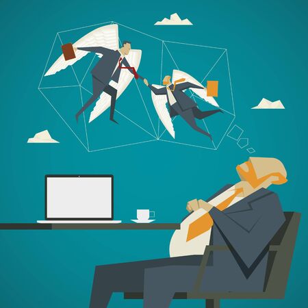 Businessman asleep at his desk, dreaming up a new team. Business concept illustration.のイラスト素材