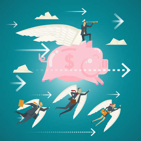 Business Concept, A team of business professionals from the sky with wings smiling piggy bank.のイラスト素材
