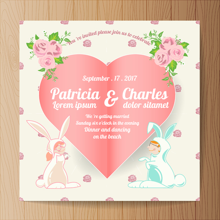Wedding invitation card  templates, Cartoon character rabbit bride with paper heartのイラスト素材