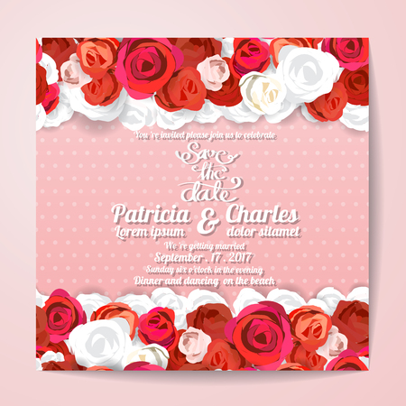 Wedding invitation card templates, Flower rose blossom on pink dot pattern backgroundのイラスト素材