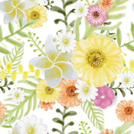 Flowers Tropical Seamless Pattern Watercolor Painting Style on white background.のイラスト素材