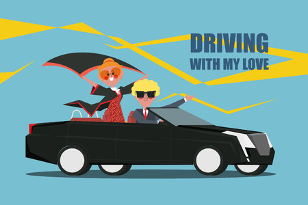 Driving with my love Couples drive a convertible car Character design flat styleのイラスト素材