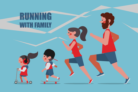 Running with family Character people design flat style vector illustrationのイラスト素材