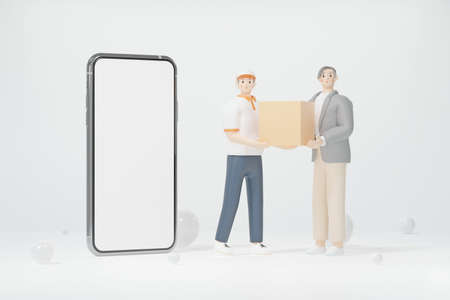 Delivery man face shield wear Walked out of the smartphone brought the parcel box to the male...