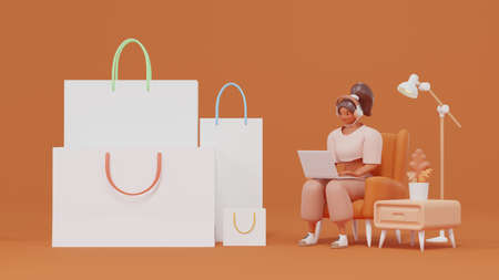 Shopping bag with a brown skinned and girl sitting on a sofa using a laptop shopping online 3d render cartoon character Online shopping conceptの写真素材