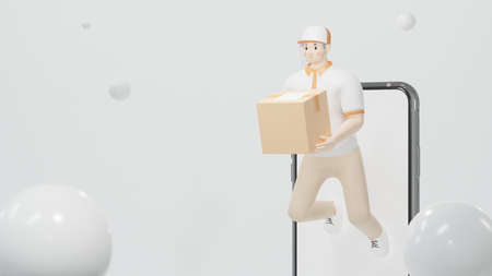 delivery staff of a man carrying a box burst through the smartphone 3d render Cartoon character Online shopping conceptの写真素材