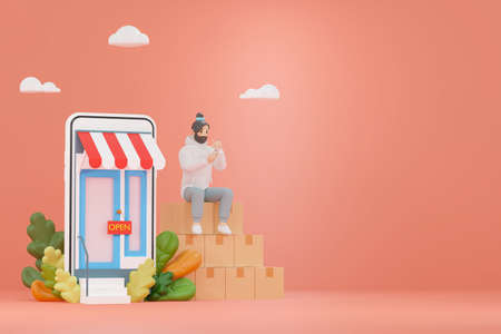 3D illustrations of online stores on the website A young man using a smartphone sitting on a product...