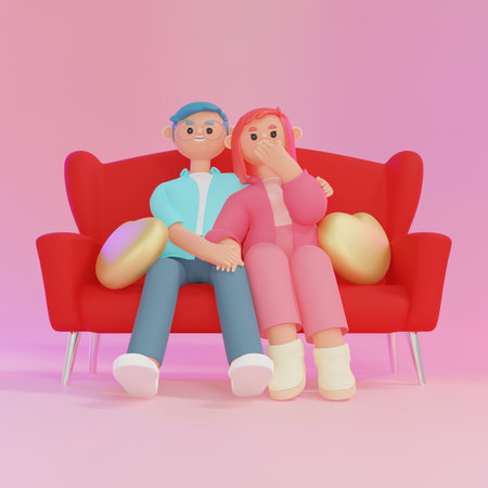 Couple in love sitting on red sofa. 3d illustration.の写真素材